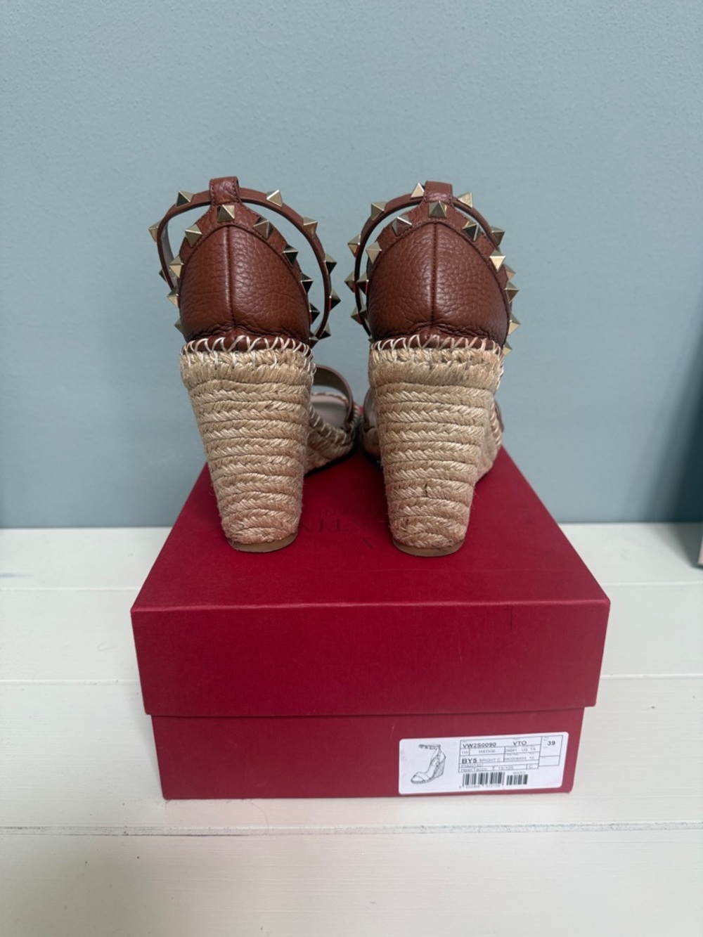 Valentino Brown Leather Studded Ankle-Strap Espadrille Sandals - Picture 3 of 6